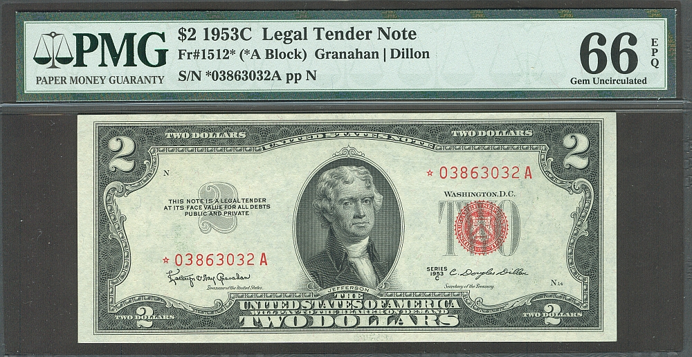 Fr.1512* (A Block) 1953C $2 Legal Tender Star Note, GemCU, PMG66-EPQ